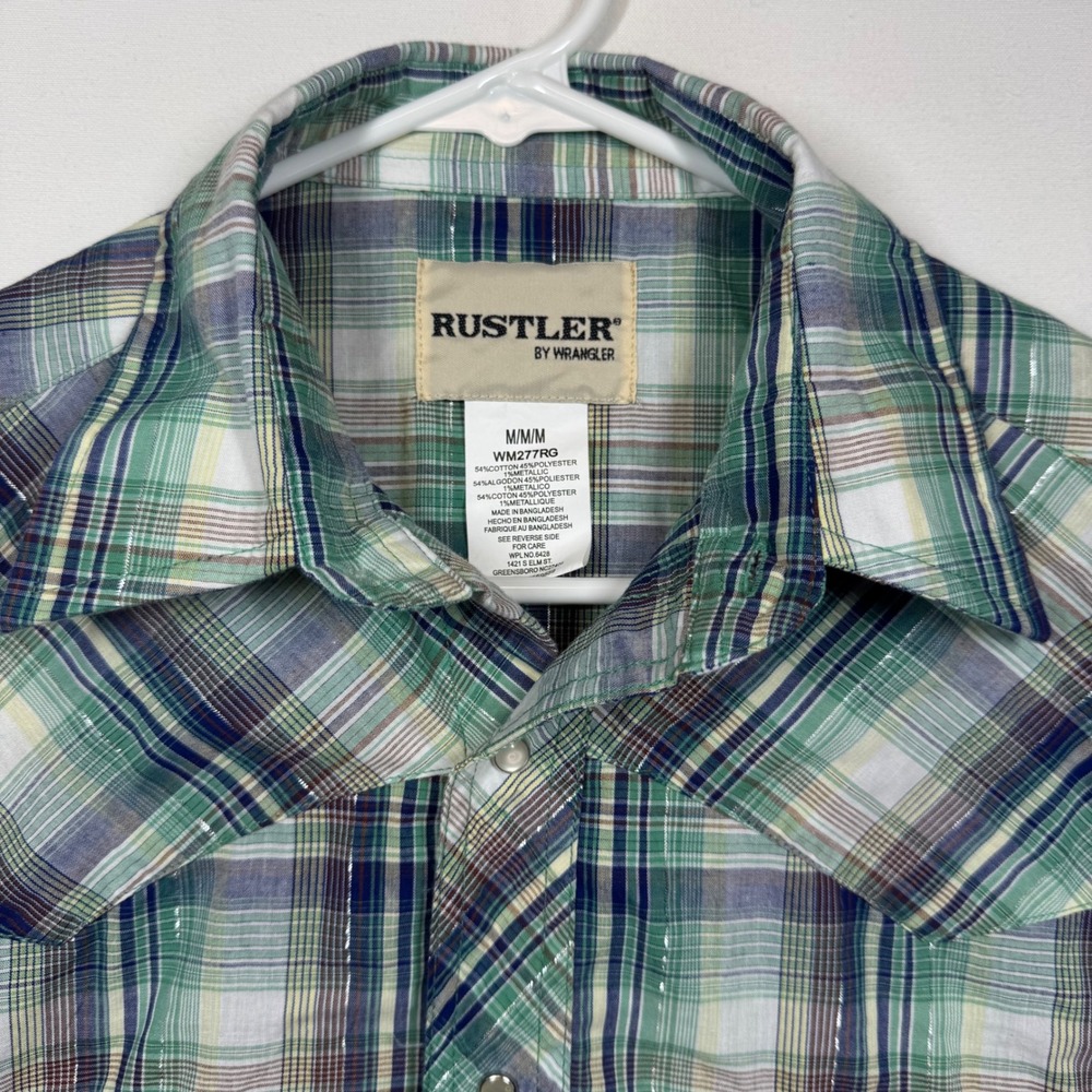 Rustler Wrangler Plaid Western Shirt Short‎ Sleeve Green Pearl Snap Sz Medium